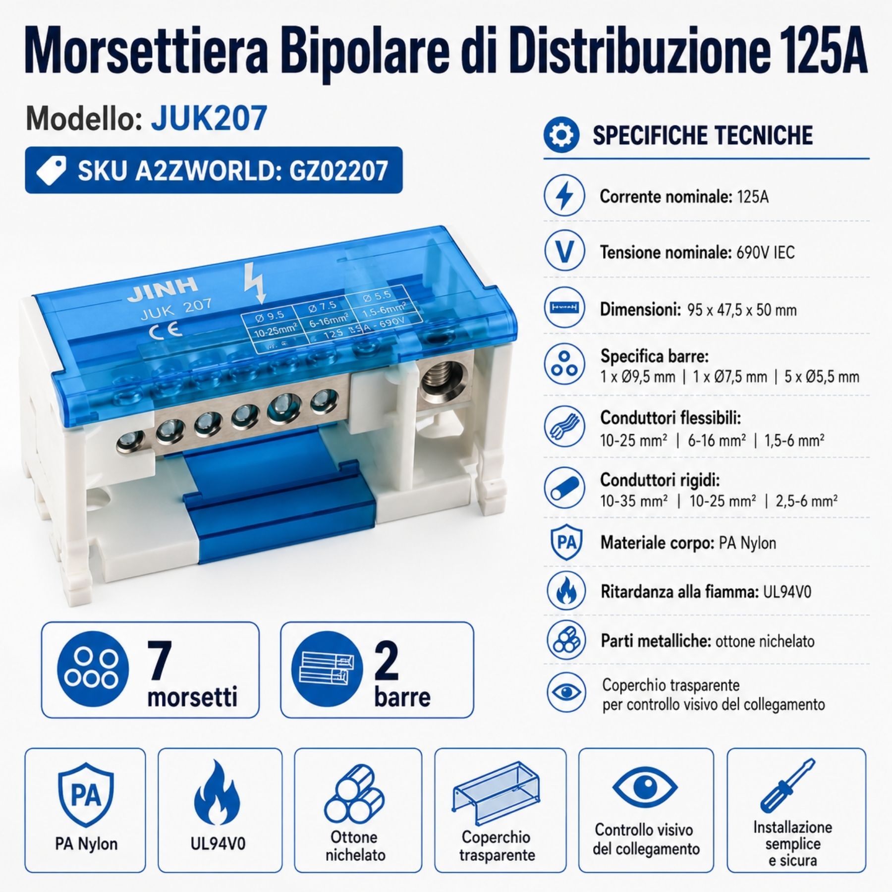 Morsettiera Ripartitore Bipolare, Box Di Connessione 2 Barre, 125A 690V, Scatola Di Distribuzione Per Quadro Elettrico, Ottone Nichelato, Coperchio Trasparente, PA Nylon UL94V0 (7 Vie) - immagine 2