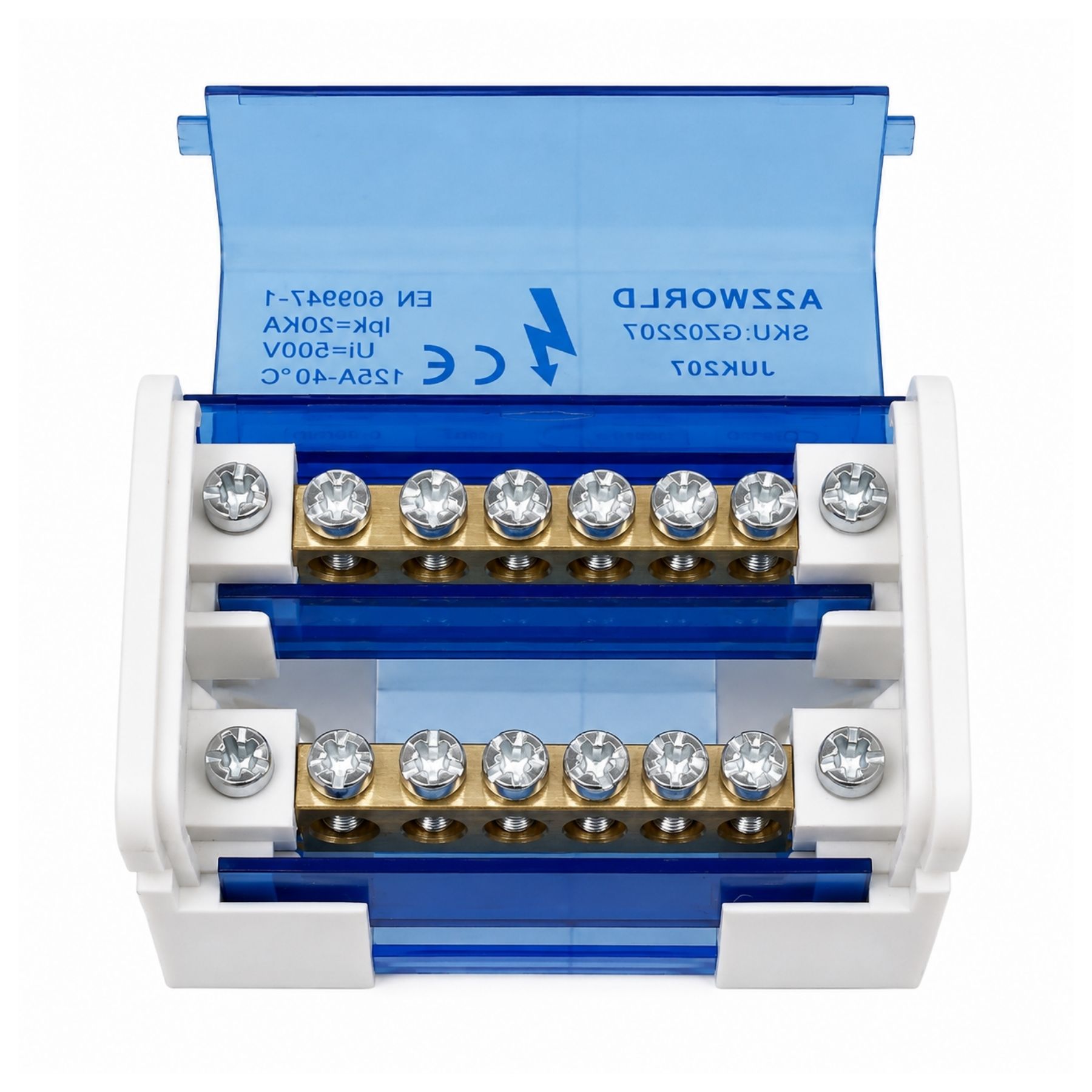 Morsettiera Ripartitore Bipolare, Box Di Connessione 2 Barre, 125A 690V, Scatola Di Distribuzione Per Quadro Elettrico, Ottone Nichelato, Coperchio Trasparente, PA Nylon UL94V0 (7 Vie) - immagine 4