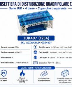 Morsettiera Ripartitore Quadripolare, Box Di Connessione 4 Barre, 125A 690V, Scatola Di Distribuzione Per Quadro Elettrico, Ottone Nichelato, Coperchio Trasparente, PA Nylon UL94V0 (7 Vie) - immagine 2