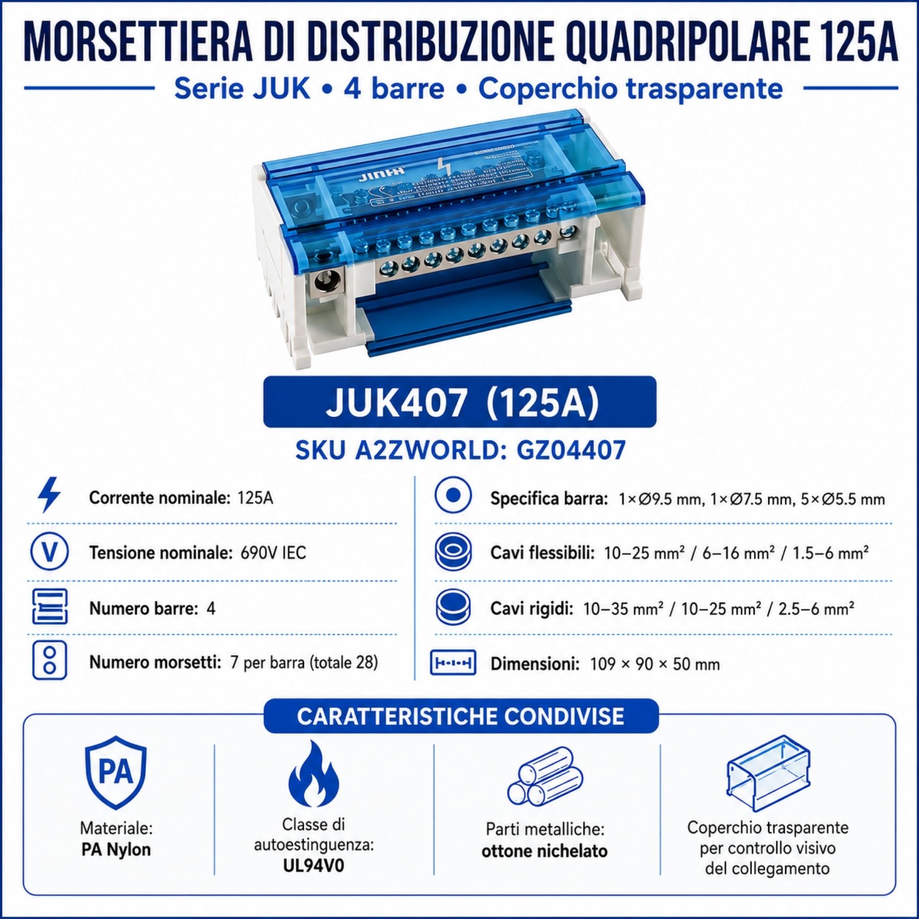 Morsettiera Ripartitore Quadripolare, Box Di Connessione 4 Barre, 125A 690V, Scatola Di Distribuzione Per Quadro Elettrico, Ottone Nichelato, Coperchio Trasparente, PA Nylon UL94V0 (7 Vie) - immagine 2