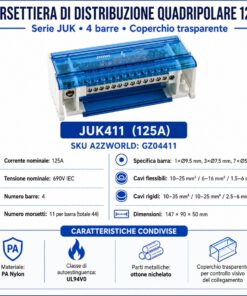 Morsettiera Ripartitore Quadripolare, Box Di Connessione 4 Barre, 125A 690V, Scatola Di Distribuzione Per Quadro Elettrico, Ottone Nichelato, Coperchio Trasparente, PA Nylon UL94V0 (11 Vie) - immagine 2
