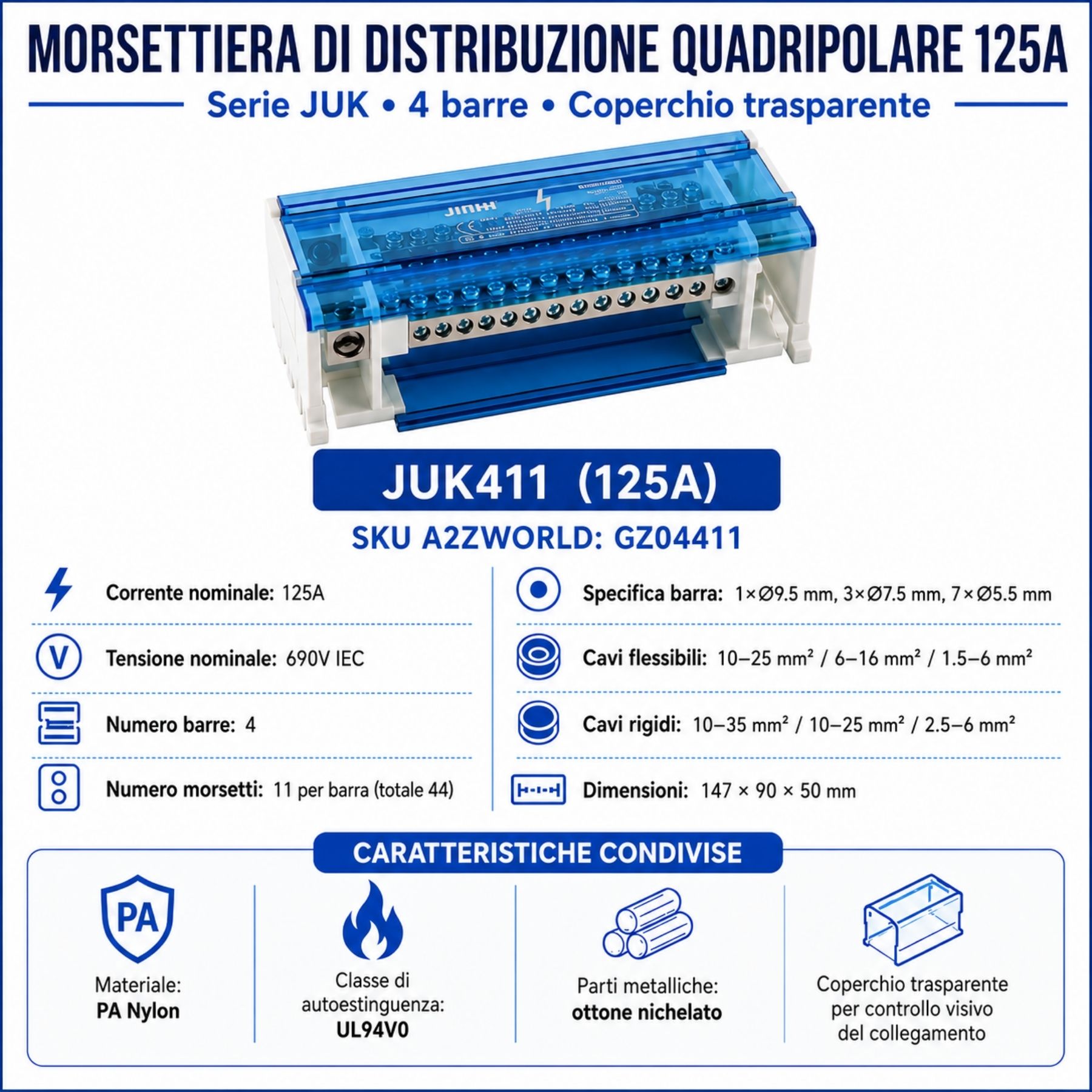 Morsettiera Ripartitore Quadripolare, Box Di Connessione 4 Barre, 125A 690V, Scatola Di Distribuzione Per Quadro Elettrico, Ottone Nichelato, Coperchio Trasparente, PA Nylon UL94V0 (11 Vie) - immagine 2