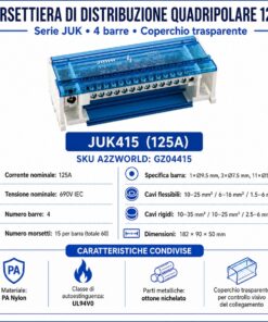 Morsettiera Ripartitore Quadripolare, Box Di Connessione 4 Barre, 125A 690V, Scatola Di Distribuzione Per Quadro Elettrico, Ottone Nichelato, Coperchio Trasparente, PA Nylon UL94V0 (15 Vie) - immagine 2