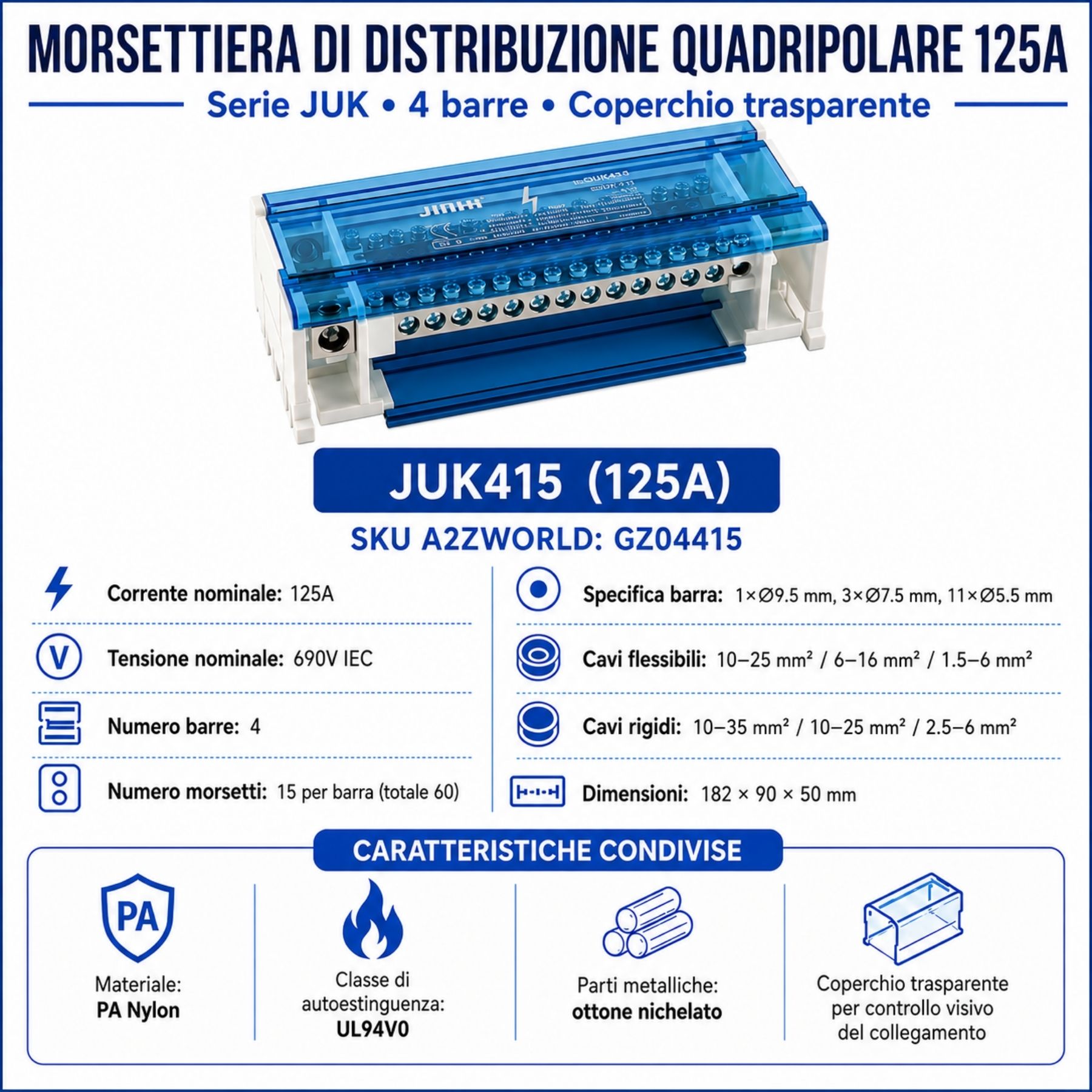Morsettiera Ripartitore Quadripolare, Box Di Connessione 4 Barre, 125A 690V, Scatola Di Distribuzione Per Quadro Elettrico, Ottone Nichelato, Coperchio Trasparente, PA Nylon UL94V0 (15 Vie) - immagine 2