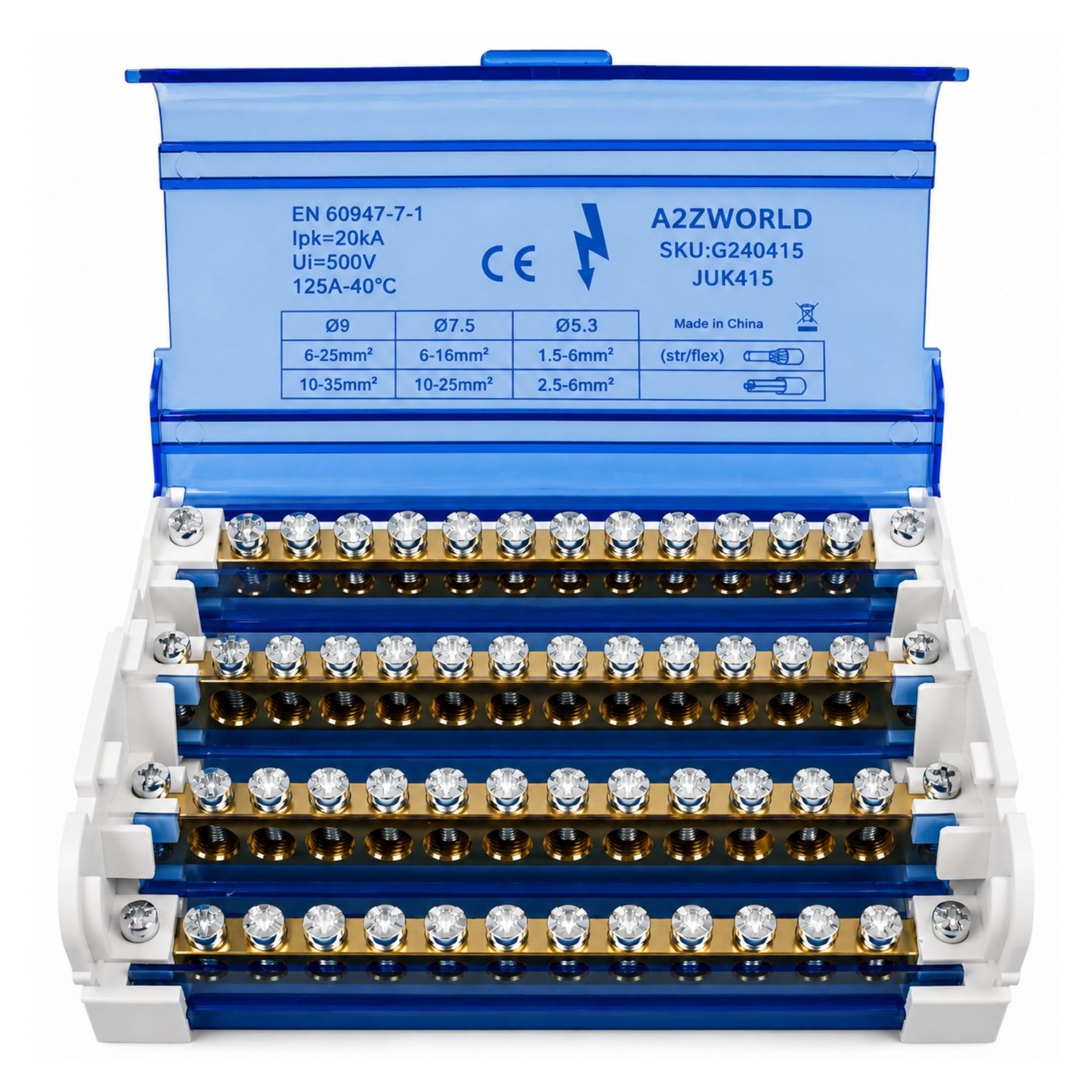 Morsettiera Ripartitore Quadripolare, Box Di Connessione 4 Barre, 125A 690V, Scatola Di Distribuzione Per Quadro Elettrico, Ottone Nichelato, Coperchio Trasparente, PA Nylon UL94V0 (15 Vie) - immagine 4