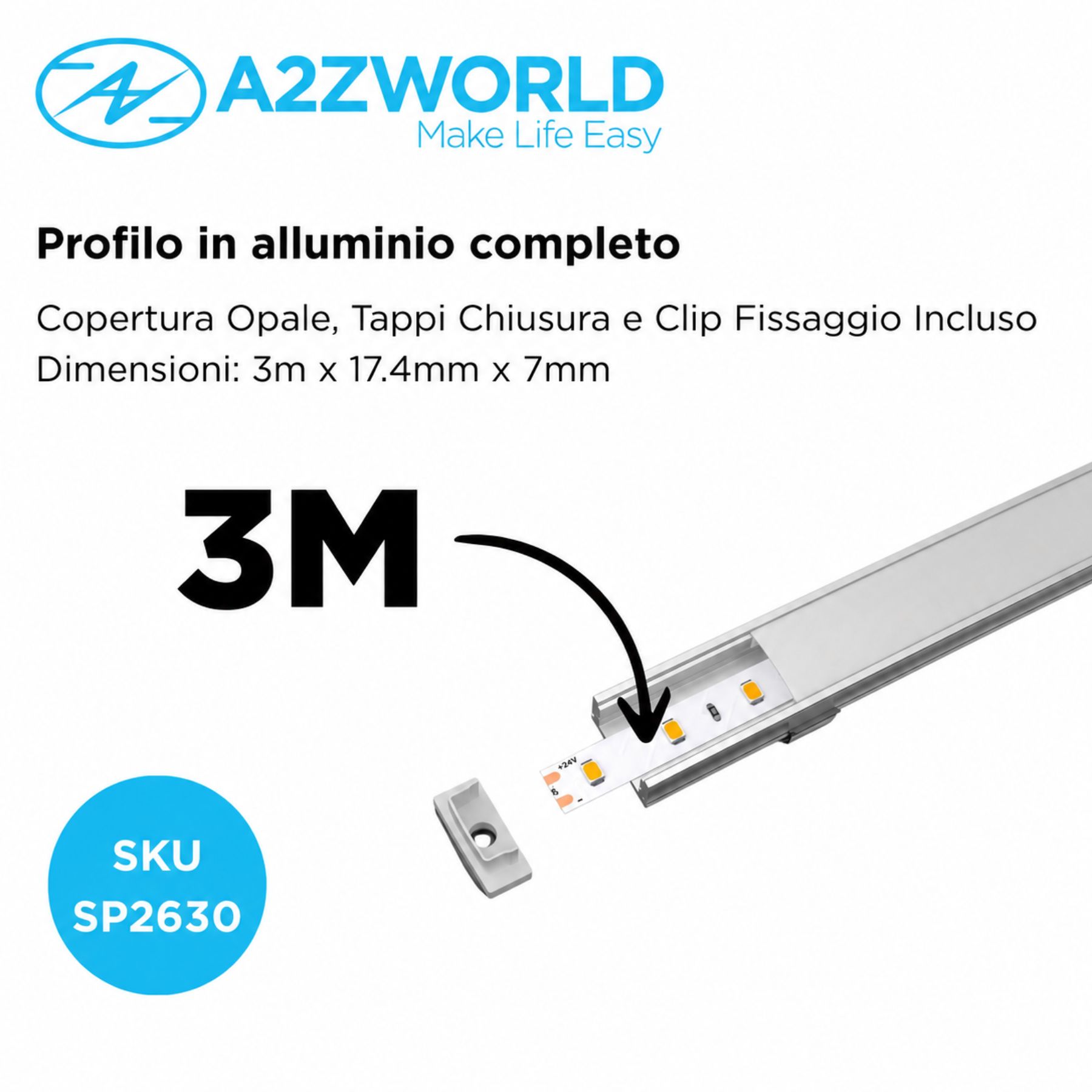 Kit Profilo Alluminio Completo Da 3 Metri Per Striscia Led, Standard, Dimensione 17.4X7mm, Larghezza Interna 12.4mm, 115g/m, Copertura Opale, Tappi Chiusura e Clip Fissaggio Incluso,BAV10321,BAV3355,BA1707,BAV3370 - immagine 2