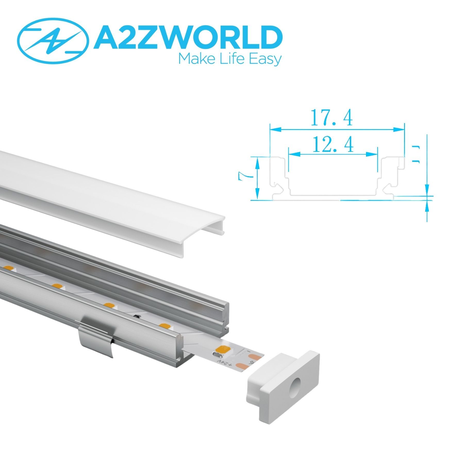 Kit Profilo Alluminio Completo Da 3 Metri Per Striscia Led, Standard, Dimensione 17.4X7mm, Larghezza Interna 12.4mm, 115g/m, Copertura Opale, Tappi Chiusura e Clip Fissaggio Incluso,BAV10321,BAV3355,BA1707,BAV3370 - immagine 3
