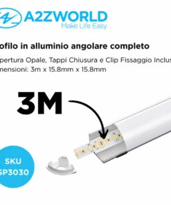 Alternative view of Kit Profilo Alluminio Completo Da 3 Metri Per Striscia Led, Angolare Leggera, Dimensione 15.8X15.8mm, Larghezza Interna 10mm, 77g/m, Copertura Opale, Tappi Chiusura e Clip Fissaggio Incluso,BAV10322,BAV3353,BA1616