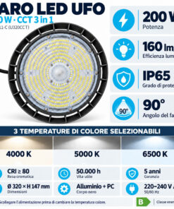 Faro LED Industriale UFO 200W CCT 32000LM 160lm/W IP65, Lampada LED High Bay Rotonda per Capannoni Magazzini - immagine 2