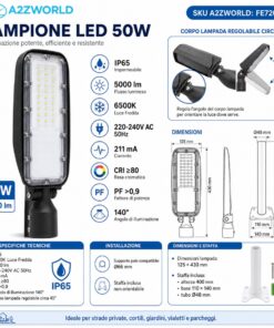 Lampione LED 50W 5000LM, Corpo Orientabile 45°, Bianco Freddo 6500K, Armatura Stradale IP65, Con Staffa Da Muro Incluso, 430X125mm, Palo Ø66mm - immagine 4