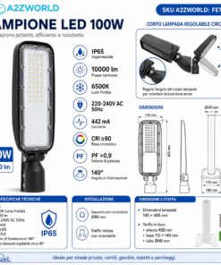 Lampione LED 100W 10000LM, Corpo Orientabile 45°, Bianco Freddo 6500K, Armatura Stradale IP65, Con Staffa Da Muro Incluso, 465X145mm, Palo Ø66mm - immagine 4
