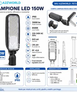 Lampione LED 150W 15000LM, Corpo Orientabile 45°, Bianco Freddo 6500K, Armatura Stradale IP65, Con Staffa Da Muro Incluso, 515X160mm, Palo Ø76mm - immagine 4